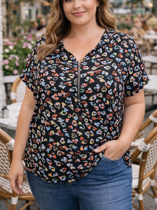 Cocomo Tops - Cocomo-NWT Black Heart-Print Zip Front Blouse Size Large